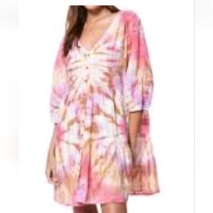 Boho Beachy Tiered Mini Dress Woman XS Pink TyeDye Button Coastal Nautical